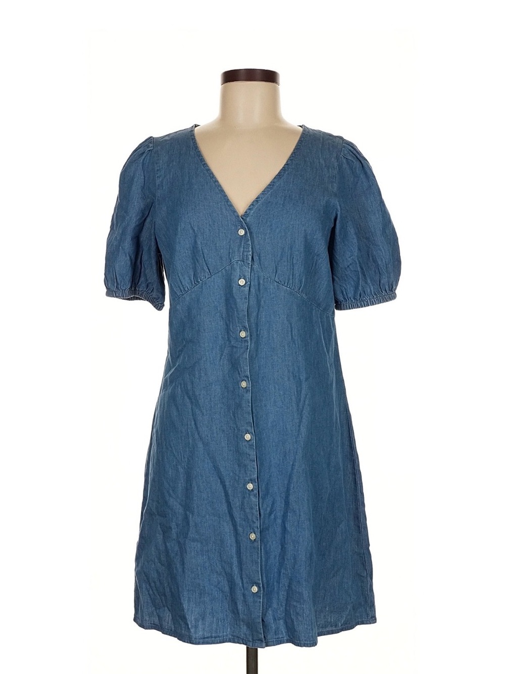 GAP Blue Denim Button-Front Dress with Puff Sleeves - Medium - 100% Cotton